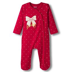 Babyhug Cotton Knit Full Sleeves Footed Sleep Suit With Polka Dot & Bow Print - Red