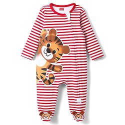 Babyhug Cotton Knit Full Sleeves Striped Footed Sleepsuit WIth Lion Graphics & Applique - Red