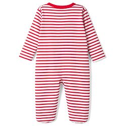 Babyhug Cotton Knit Full Sleeves Striped Footed Sleepsuit WIth Lion Graphics & Applique - Red