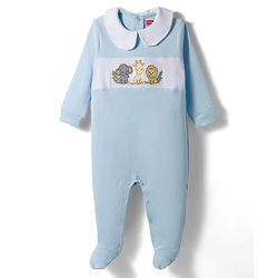 Babyhug Cotton Knit Full Sleeves Footed Sleepsuit With Animal Embroidery - Blue