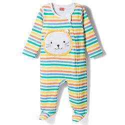 Babyhug Cotton Knit Full Sleeves Striped Sleep Suit with Bear Patch - Multicolor