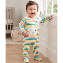 Babyhug Cotton Knit Full Sleeves Striped Sleep Suit with Bear Patch - Multicolor