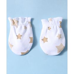 Babyhug 100% Cotton Knit Star Print Mittens and Booties - White