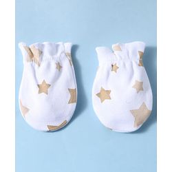 Babyhug 100% Cotton Knit Star Print Mittens and Booties - White