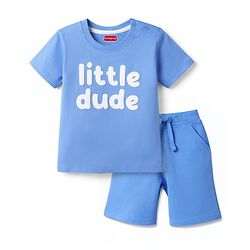 Kookie Kids Single Jersey Knit Half Sleeves T-Shirt & Shorts Set with Little Dude Print - Blue