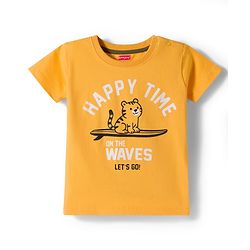 Babyhug Slub Jersey Knit Half Sleeves T-Shirt & Shorts Set with Text Print - Yellow & Olive Green
