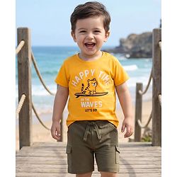 Babyhug Slub Jersey Knit Half Sleeves T-Shirt & Shorts Set with Text Print - Yellow & Olive Green