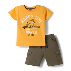 Babyhug Slub Jersey Knit Half Sleeves T-Shirt & Shorts Set with Text Print - Yellow & Olive Green