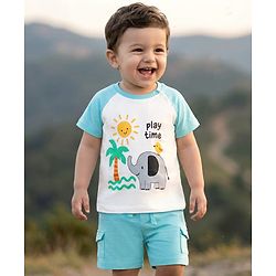 Babyhug Single Jersey Knit Half Raglan Sleeves T-Shirt & Shorts Set with Play Time Print - Aqua Blue