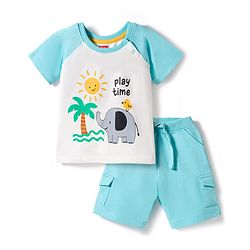 Babyhug Single Jersey Knit Half Raglan Sleeves T-Shirt & Shorts Set with Play Time Print - Aqua Blue