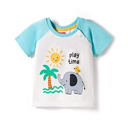 Babyhug Single Jersey Knit Half Raglan Sleeves T-Shirt & Shorts Set with Play Time Print - Aqua Blue