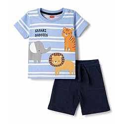 Babyhug 100% Cotton Single Jersey Knit Half Sleeves Striped T-Shirt & Shorts Set With Animal Print - Blue