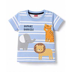 Babyhug 100% Cotton Single Jersey Knit Half Sleeves Striped T-Shirt & Shorts Set With Animal Print - Blue