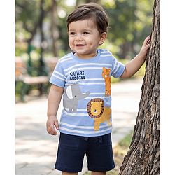 Babyhug 100% Cotton Single Jersey Knit Half Sleeves Striped T-Shirt & Shorts Set With Animal Print - Blue
