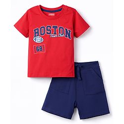 Kookie Kids Single Jersey Knit Half Sleeves T-Shirt & Shorts Set with Boston Print - Navy Blue