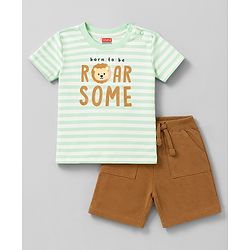 Kookie Kids 100% Cotton Interlock Knit Half Sleeves Striped T-Shirt & Shorts Set With Animal Print - Multicolor