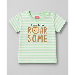 Kookie Kids 100% Cotton Interlock Knit Half Sleeves Striped T-Shirt & Shorts Set With Animal Print - Multicolor
