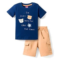 Babyhug Slub Jersey Knit Half Sleeves Animal Printed T-Shirt & Shorts Set - Navy Blue
