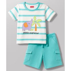 Babyhug 100% Cotton Single Jersey Knit Half Sleeves Striped T-Shirt & Shorts Set With Animal Print - Aqua Blue