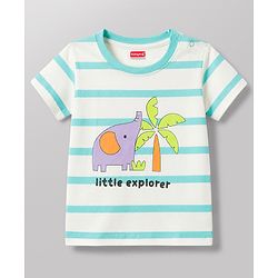 Babyhug 100% Cotton Single Jersey Knit Half Sleeves Striped T-Shirt & Shorts Set With Animal Print - Aqua Blue