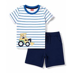Kookie Kids 100% Cotton Single Jersey Knit Half Sleeves Striped T-Shirt & Shorts With JCB Print - Blue