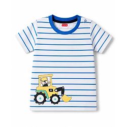 Kookie Kids 100% Cotton Single Jersey Knit Half Sleeves Striped T-Shirt & Shorts With JCB Print - Blue