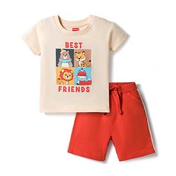 Babyhug Single Jersey Knit Half Sleeves T-Shirt & Shorts Set with Animal Print - Rust Orange