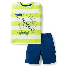 Babyhug Single Jersey Knit Sleeveless Striped Dino Printed Tank T-Shirt & Shorts Set - Multicolor