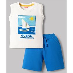 Babyhug Single Jersey Knit Sleeveless T-Shirt & Shorts Set With Sailboat Print - White & Blue