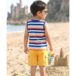 Kookie Kids Single Jersey Knit Sleeveless Striped T-Shirt & Shorts Set - Yellow & Navy Blue