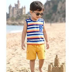 Kookie Kids Single Jersey Knit Sleeveless Striped T-Shirt & Shorts Set - Yellow & Navy Blue