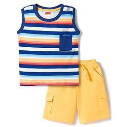Kookie Kids Single Jersey Knit Sleeveless Striped T-Shirt & Shorts Set - Yellow & Navy Blue