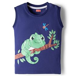 Babyhug Knit Sleeveless Tank T-Shirt & Shorts Set with Chameleon - Navy Blue & Green