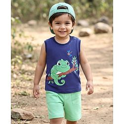 Babyhug Knit Sleeveless Tank T-Shirt & Shorts Set with Chameleon - Navy Blue & Green