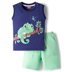 Babyhug Knit Sleeveless Tank T-Shirt & Shorts Set with Chameleon - Navy Blue & Green