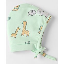 Babyhug 100% Cotton Interlock Knit Striped Caps with Giraffe Lion Elephant Pack of 2 Light Orange Light Green - Diameter 10 cm