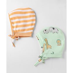 Babyhug 100% Cotton Interlock Knit Striped Caps with Giraffe Lion Elephant Pack of 2 Light Orange Light Green - Diameter 10 cm