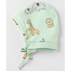Babyhug 100% Cotton Interlock Knit Striped Caps with Giraffe Lion Elephant Pack of 2 Light Orange Light Green - Diameter 10 cm