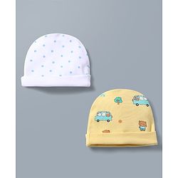 Babyhug 100% Cotton Knit Star & Vehicles Printed Caps Pack Of 2 - Diameter 9 cm