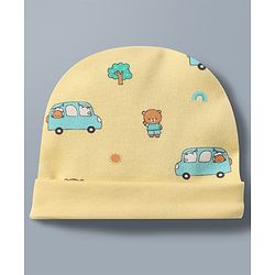 Babyhug 100% Cotton Knit Star & Vehicles Printed Caps Pack Of 2 - Diameter 9 cm