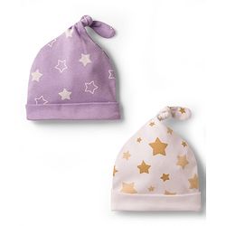 Babyhug 100% Cotton Knit Caps with Star Print Pack of 2 Multicolor - Diameter 9.5 cm