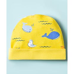 Babyhug 100% Cotton Knit Cap Mittens & Booties with Whale Print Multicolor - Diameter 10 cm