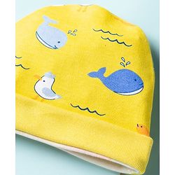 Babyhug 100% Cotton Knit Cap Mittens & Booties with Whale Print Multicolor - Diameter 10 cm