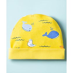 Babyhug 100% Cotton Knit Cap Mittens & Booties with Whale Print Multicolor - Diameter 10 cm