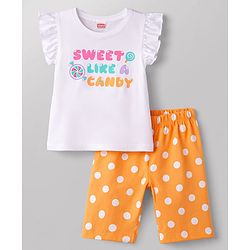 Babyhug Cotton Knit Half  Sleeves T-Shirt & Capri Night-Suit With Text & Polka Dots - White & Yellow