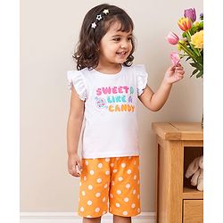 Babyhug Cotton Knit Half  Sleeves T-Shirt & Capri Night-Suit With Text & Polka Dots - White & Yellow
