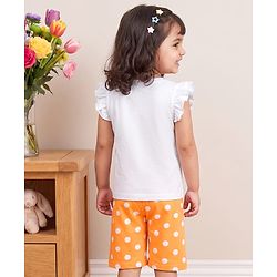 Babyhug Cotton Knit Half  Sleeves T-Shirt & Capri Night-Suit With Text & Polka Dots - White & Yellow