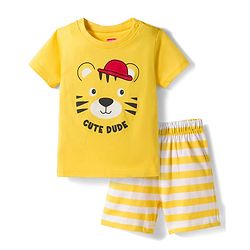 Babyhug Cotton Knit Full Sleeves T-Shirt & Shorts Night Suit With Tiger Print - Yellow