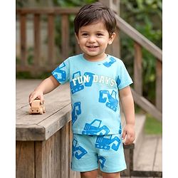 Babyhug Cotton Knit Half  Sleeves T-Shirt & Shorts Co-ord Night Suit With Vehicle Print - Blue
