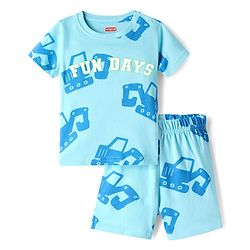 Babyhug Cotton Knit Half  Sleeves T-Shirt & Shorts Co-ord Night Suit With Vehicle Print - Blue